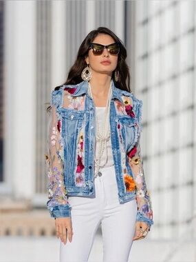 ADORE Mesh Jacket with Bright Floral Detail in Light Wash Denim